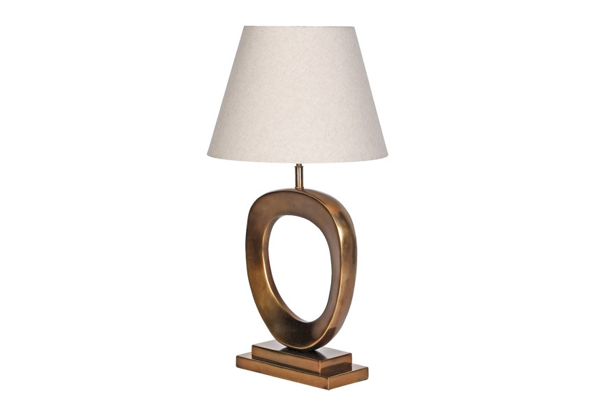 Luxusní moderní designová lampa Elysium s kovovou bronzovou podstavou s obdélníkovou základnou a nohou ve tvaru avantgardního kruhu a textilním stínítkem se seříznutým kuželovitým tvarem ze lnu v přírodní světlé béžové barvě