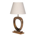 Luxusní moderní designová lampa Elysium s kovovou bronzovou podstavou s obdélníkovou základnou a nohou ve tvaru avantgardního kruhu a textilním stínítkem se seříznutým kuželovitým tvarem ze lnu v přírodní světlé béžové barvě