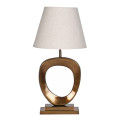 Luxusn&iacute; art deco stoln&iacute; lampa Elysium s kovovou podstavou s designov&yacute;m kruhem v bronzov&eacute; barvě a b&eacute;žov&yacute;m st&iacute;n&iacute;tkem 83 cm