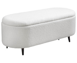 Designov&aacute; art deco zaoblen&aacute; lavice Yara s &uacute;ložn&yacute;m prostorem s b&iacute;l&yacute;m bukl&eacute; potahem s čern&yacute;mi kovov&yacute;mi nožičkami 110 cm