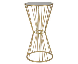 Art deco kulat&yacute; kovov&yacute; zlat&yacute; př&iacute;ručn&iacute; stolek Samer s nohou ve tvaru přes&yacute;pac&iacute;ch hodin s vrchn&iacute; skleněnou černou deskou 80 cm