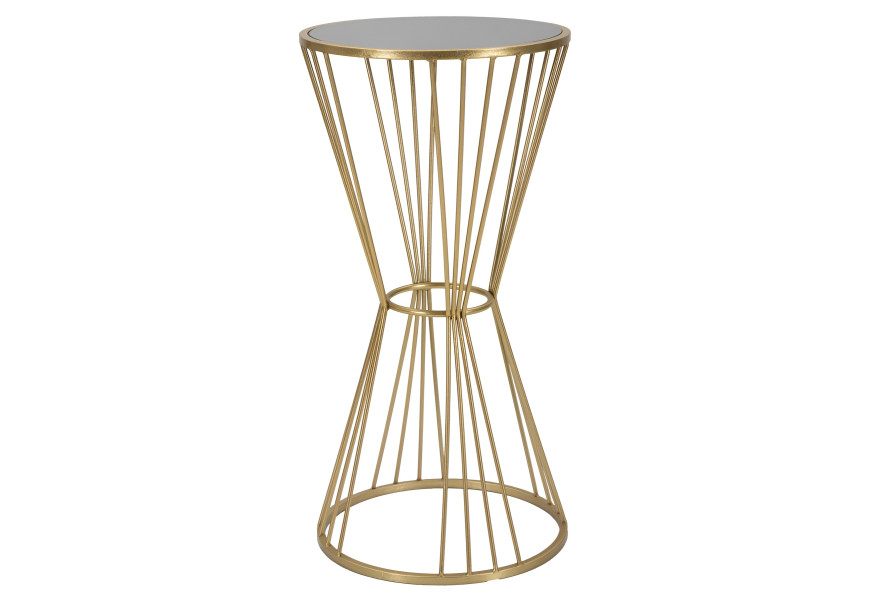 Art deco kulat&yacute; kovov&yacute; zlat&yacute; př&iacute;ručn&iacute; stolek Samer s nohou ve tvaru přes&yacute;pac&iacute;ch hodin s vrchn&iacute; skleněnou černou deskou 80 cm