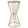 Art deco kulat&yacute; kovov&yacute; zlat&yacute; př&iacute;ručn&iacute; stolek Samer s nohou ve tvaru přes&yacute;pac&iacute;ch hodin s vrchn&iacute; skleněnou černou deskou 80 cm