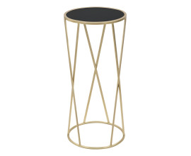 Art deco zlat&yacute; kovov&yacute; kulat&yacute; př&iacute;ručn&iacute; stolek Lery s nohou s tyčemi do X s vrchn&iacute; skleněnou černou deskou 75 cm