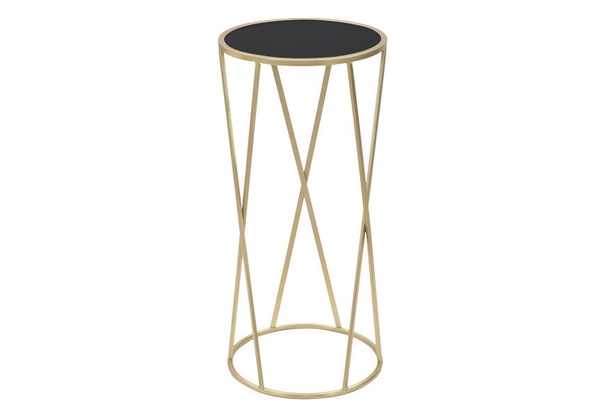Art deco zlat&yacute; kovov&yacute; kulat&yacute; př&iacute;ručn&iacute; stolek Lery s nohou s tyčemi do X s vrchn&iacute; skleněnou černou deskou 75 cm