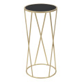 Art deco zlat&yacute; kovov&yacute; kulat&yacute; př&iacute;ručn&iacute; stolek Lery s nohou s tyčemi do X s vrchn&iacute; skleněnou černou deskou 75 cm
