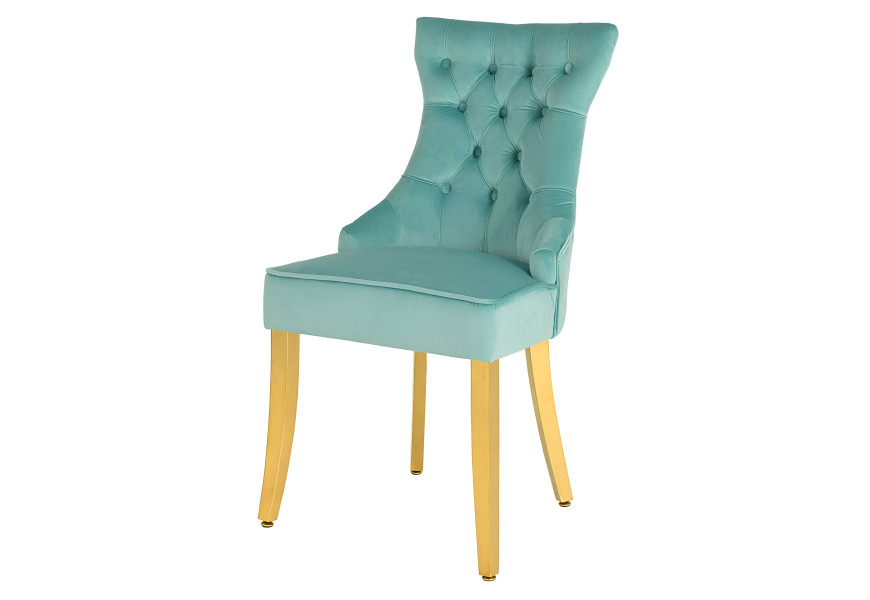 Barokn&iacute; j&iacute;deln&iacute; židle Modern/Gold Barrock ve světle modr&eacute;m sametov&eacute;m čalouněn&iacute; zlat&yacute;m klepadlem a zlat&yacute;mi nožičkami 96 cm
