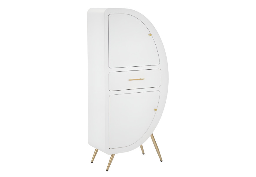 Art deco atypick&aacute; b&iacute;l&aacute; skř&iacute;ňka Anila se dvěma dv&iacute;řky a jednou z&aacute;suvkou s kovov&yacute;mi zlat&yacute;mi nožičkami a &uacute;chyty 133 cm
