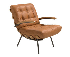 Luxusn&iacute; retro kožen&eacute; křeslo Vita Naturale v koňakov&eacute; barvě s pro&scaron;&iacute;v&aacute;n&iacute;m a knofl&iacute;ky s černou kovovou konstrukc&iacute; 91 cm