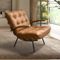 Luxusn&iacute; retro kožen&eacute; křeslo Vita Naturale v koňakov&eacute; barvě s pro&scaron;&iacute;v&aacute;n&iacute;m a knofl&iacute;ky s černou kovovou konstrukc&iacute; 91 cm