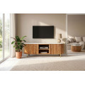 Akce - 60 % Art deco hněd&yacute; ov&aacute;ln&yacute; TV stolek Celestia z mangov&eacute;ho dřeva s b&iacute;lou mramorovou deskou se zlat&yacute;mi &uacute;chyty 140 cm