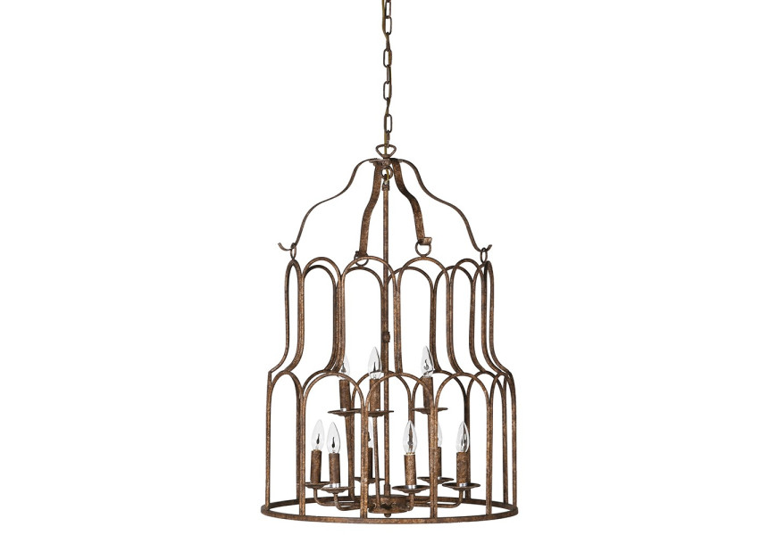 Luxusní vintage industriální lustr Heirloom z kovu se starožitným hnědým patinovaným efektem rzi s kulatou konstrukci s půloblouky s designem ptačí klece s devíti závity na žárovky a závěsným řetízkem