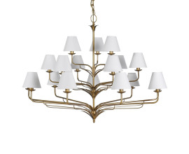 Luxusn&iacute; glamour velk&yacute; lustr Areca s osmn&aacute;cti kuželovit&yacute;mi st&iacute;n&iacute;tky ze lnu v b&iacute;l&eacute; barvě s konstrukc&iacute; z kovu ve zlat&eacute; barvě se &scaron;t&iacute;hl&yacute;mi ohnut&yacute;mi rameny a dekorativn&iacute;mi prvky v podobě listů