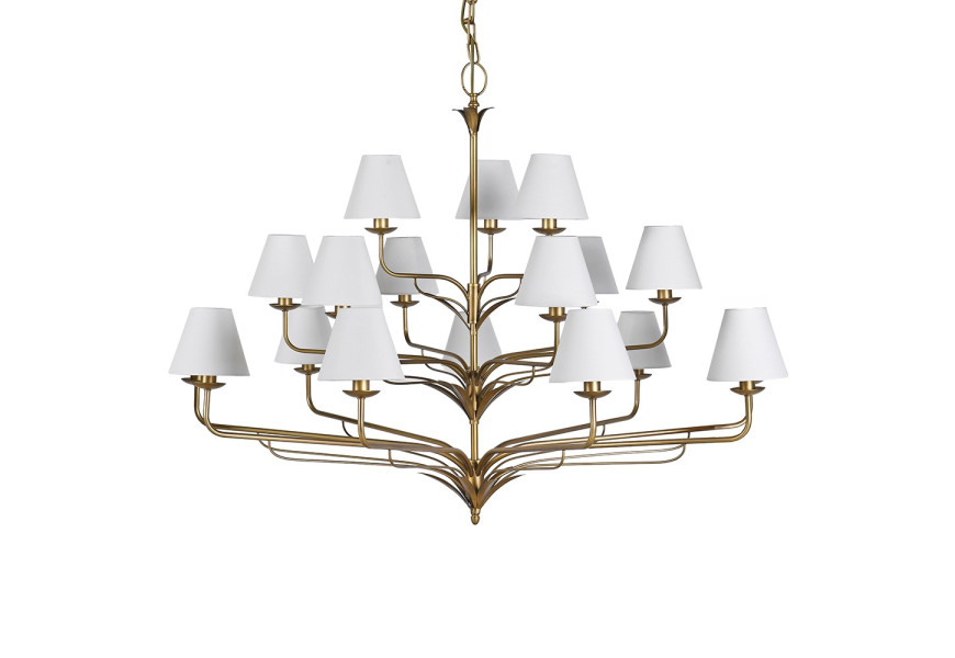 Luxusní glamour velký lustr Areca s osmnácti kuželovitými stínítky ze lnu v bílé barvě s konstrukcí z kovu ve zlaté barvě se štíhlými ohnutými rameny a dekorativními prvky v podobě listů