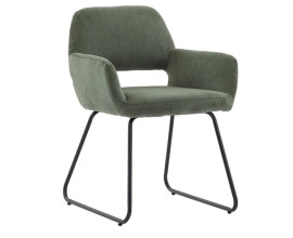 Designov&aacute; industri&aacute;ln&iacute; zelen&aacute; j&iacute;deln&iacute; židle Pala s opěrkami na ruce a z&aacute;dovou opěrkou s v&yacute;řezem ve spodn&iacute; č&aacute;sti s keyhole designem s čalouněn&iacute;m a man&scaron;estrov&yacute;m potahem v &scaron;alvějov&eacute;m odst&iacute;nu se &scaron;t&iacute;hl&yacute;ma nohama z kovu v čern&eacute; barvě
