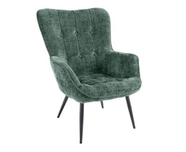 Retro skandin&aacute;vsk&eacute; čalouněn&eacute; křeslo Scandinavia s vysokou z&aacute;dovou opěrkou a pro&scaron;&iacute;v&aacute;n&iacute;m se čtvercov&yacute;m vzorem s kulat&yacute;mi knofl&iacute;čky s potahem z žinylkov&eacute; textilie se sametov&yacute;m lesklem v zelen&eacute;m mel&iacute;rovan&eacute;m proveden&iacute; se &scaron;t&iacute;hl&yacute;mi čern&yacute;mi kovov&yacute;mi