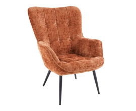Skandin&aacute;vsk&eacute; retro čalouněn&eacute; křeslo Scandinavia s vysokou opěrkou zad s pro&scaron;&iacute;v&aacute;n&iacute;m do čtverce s kulat&yacute;mi knofl&iacute;ky s potahem z žinylkov&eacute; textilie se sametov&yacute;m lesklem v rezav&eacute; hněd&eacute; barvě se čtyřmi kovov&yacute;mi nohami v matn&eacute; čern&eacute; barvě