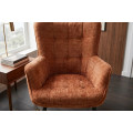 Designov&eacute; retro křeslo Scandinavia s žinylkov&yacute;m potahem s pro&scaron;&iacute;v&aacute;n&iacute;m s knofl&iacute;ky v rezav&eacute; hněd&eacute; barvě a čern&yacute;ma nohama 73 cm