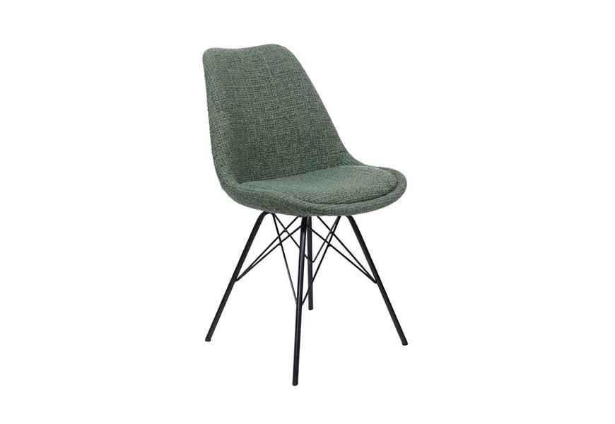 Moderní designová jídelní židle Scandinavia s ergonomicky tvarovanou opěrkou s čalouněním a žinylkovým potahem v šalvějové zelené barvě se sametovým leskem a výraznou strukturou se štíhlýma šikmými nohami z kovu v černé barvě s diagonálními výztuhami