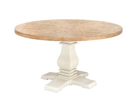 Designov&yacute; vintage j&iacute;deln&iacute; stůl Basil s kulatou vrchn&iacute; deskou v př&iacute;rodn&iacute; světle hněd&eacute; barvě dřeva s diagon&aacute;ln&iacute;m parketov&yacute;m dekorem a jednou nohou v b&iacute;l&eacute; barvě s balustrov&yacute;m profilem a čtyřramennou podstavou