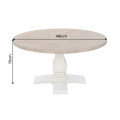 Designov&yacute; venkovsk&yacute; kulat&yacute; j&iacute;deln&iacute; stůl Basil s b&iacute;lou vyřez&aacute;vanou nohou a hnědou deskou s parketov&yacute;m vzorem 140 cm