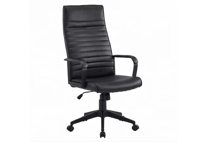 Designová moderní retro výškově nastavitelná kancelářská židle Elite s černým potahem z ekokůže s horizontálním kanálkovým prošíváním s opěrkami na ruce s kovovou podstavou v černé barvě s kolečky s možností nastavení záklonu