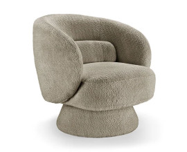 Dizajnov&eacute; art deco otočn&eacute; kreslo Elian s bukl&yacute;m potahom v hněd&eacute;m odtieni taupe so zaoblenou siluetou 76 cm