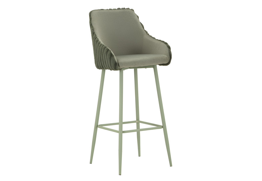 Modern&iacute; art deco barov&aacute; židle Denali s pro&scaron;&iacute;van&yacute;m ply&scaron;ov&yacute;m potahem v &scaron;alvějov&eacute; zelen&eacute; barvě s kovov&yacute;mi nohama 111 cm