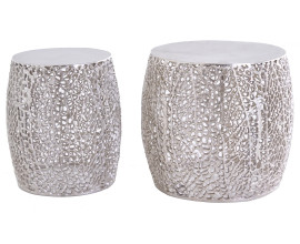 Designov&yacute; set dvou kulat&yacute;ch konferenčn&iacute;ch stolků Hoja ve stř&iacute;brn&eacute; barvě z kovu 40cm