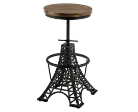 Designov&aacute; industri&aacute;ln&iacute; barov&aacute; židle Eiffel s v&yacute;&scaron;kově nastaviteln&yacute;m kulat&yacute;m sedadlem z mangov&eacute;ho dřeva v př&iacute;rodn&iacute; hněd&eacute; barvě a podstavou z kovu v čern&eacute; barvě s motivem konstrukce Eiffelovy věže a kulatou opěrkou na nohy