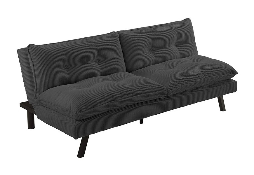 Designová skandinávská trojsedačka Otto s čalouněným sedákem a opěrkou s minimalistickým prošíváním s kulatými knoflíky a potahem z manšestru s proužkovanou strukturou v tmavě šedé barvě s rozkládací funkcí a nohama z masivního dřeva