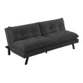 Designová skandinávská trojsedačka Otto s čalouněným sedákem a opěrkou s minimalistickým prošíváním s kulatými knoflíky a potahem z manšestru s proužkovanou strukturou v tmavě šedé barvě s rozkládací funkcí a nohama z masivního dřeva