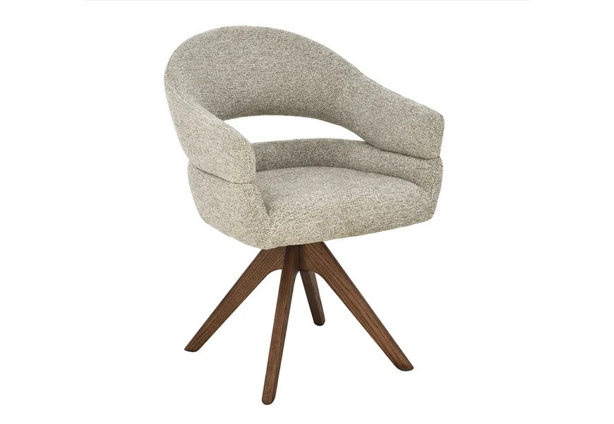 Designová skandinávská jídelní židle Ziran s opěrkou ve tvaru U s otvorem s čalouněnou otočnou sedací částí s potahem z texturované látky v šedé a béžové barvě odstínu greige a podstavou se čtyřmi šikmými nohami s masivního hnědého ořechu