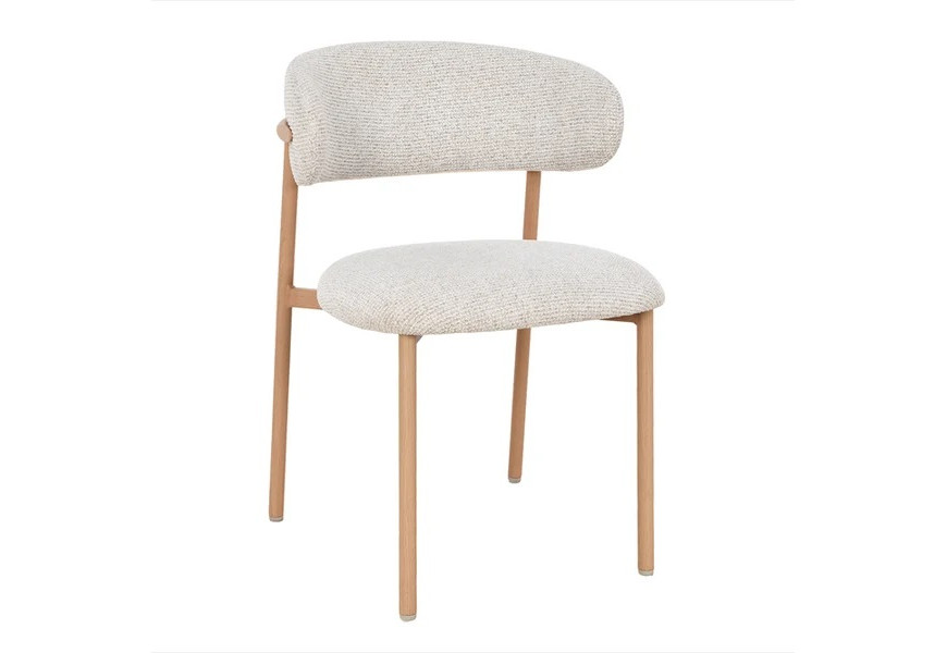 Moderní designová jídelní židle Chartus se sedadlem a opěradlo tvarovaným do půloblouku s čalouněním a potahem z texturované látky ve světlé béžové barvě s konstrukcí z kovu se čtyřmi štíhlýma nohama se světlem hnědém dubovém provedení