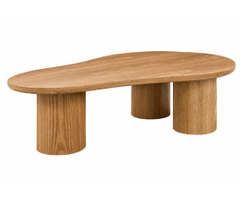 Modern&iacute; designov&yacute; organick&yacute; konferenčn&iacute; stolek Curvy s ov&aacute;lnou asymetrickou vrchn&iacute; deskou a třemi &scaron;irok&yacute;mi nohama v&aacute;lcovit&eacute;ho tvaru v př&iacute;rodn&iacute;m světl&eacute;m hněd&eacute;m dubov&eacute;m proveden&iacute;