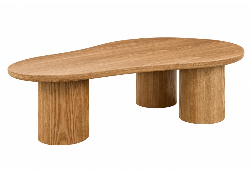 Moderní designový organický konferenční stolek Curvy s oválnou asymetrickou vrchní deskou a třemi širokými nohama válcovitého tvaru v přírodním světlém hnědém dubovém provedení