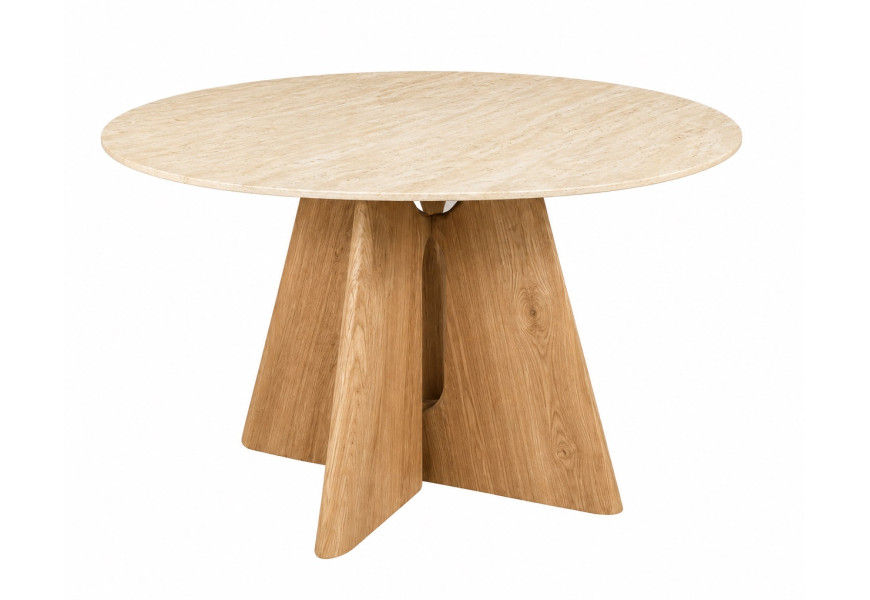 Moderní designový travertinový stůl Curvy s kulatou vrchní deskou z keramiky v béžové barvě s přírodní kresbou kamene se čtyřmi nohama s oválným výřezem ve světlém hnědém dubovém provedení