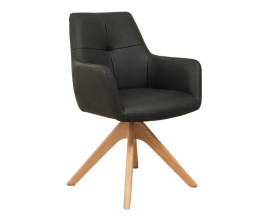 Luxusn&iacute; designov&aacute; kožen&aacute; j&iacute;deln&iacute; židle Elton s otočnou sedac&iacute; č&aacute;st&iacute; s opěrkami na ruce a čalouněn&iacute;m s potahem z prav&eacute; kůže v čern&eacute; barvě s minimalistick&yacute;m pro&scaron;&iacute;v&aacute;n&iacute;m na opěrka s masivn&iacute; podstavou z dubov&eacute;ho dřeva v př&iacute;rodn&iacute; světl&eacute; hněd&eacute; barvě