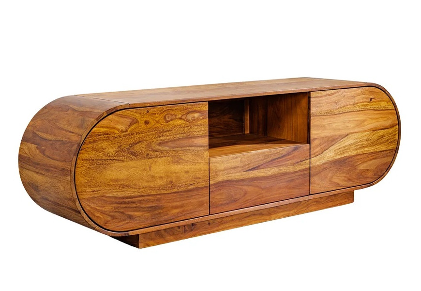 Designový moderní oválný televizní stolek Spin z masivního palisandrového dřeva v teplých hnědých odstínech s výraznou strukturou letokruhů se dvěma dvířky na stranách a šuplíkem a policí ve středu na plné podstavě