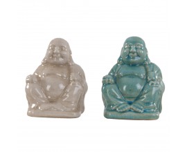 Stylová etno keramická glazovaná soška Buddha v modré nebo béžové barvě s lesklým povrchem 16 cm