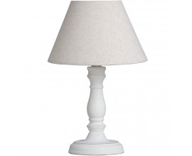 Provensálská bílá noční lampa CYRENE s dřevěnou vyřezávanou podstavou a lněným stínítkem 30cm