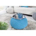 Moderní kulatá čalouněná modrá taburetka Stool s pletenou podstavou 45 cm
