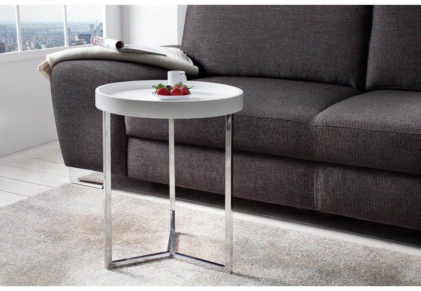 Art deco kulatý příruční stolek Modul s matnou šedou deskou a stříbrnou chromovou kovovou podstavou 40 cm