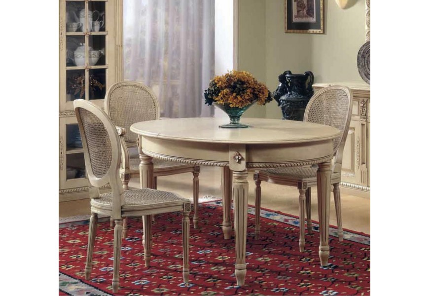 Luxusní rustikální kulatý jídelní stůl Nuevas formas vyřezávaný rozkládací 178cm