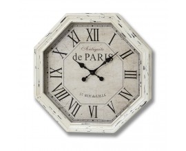 Stylové vintage nástěnné závěsné osmiúhelníkové hodiny Antiquite de Paris v bílé barvě s patinou s římskými čísly 63 cm