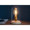 Designová retro stolní lampa Edison s hnědou dřevěnou podstavou a průhledným skleněným stínítkem 22 cm