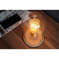 Designov&aacute; retro stoln&iacute; lampa Edison s hnědou dřevěnou podstavou a průhledn&yacute;m skleněn&yacute;m st&iacute;n&iacute;tkem 22 cm