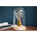 Designov&aacute; retro stoln&iacute; lampa Edison s hnědou dřevěnou podstavou a průhledn&yacute;m skleněn&yacute;m st&iacute;n&iacute;tkem 22 cm