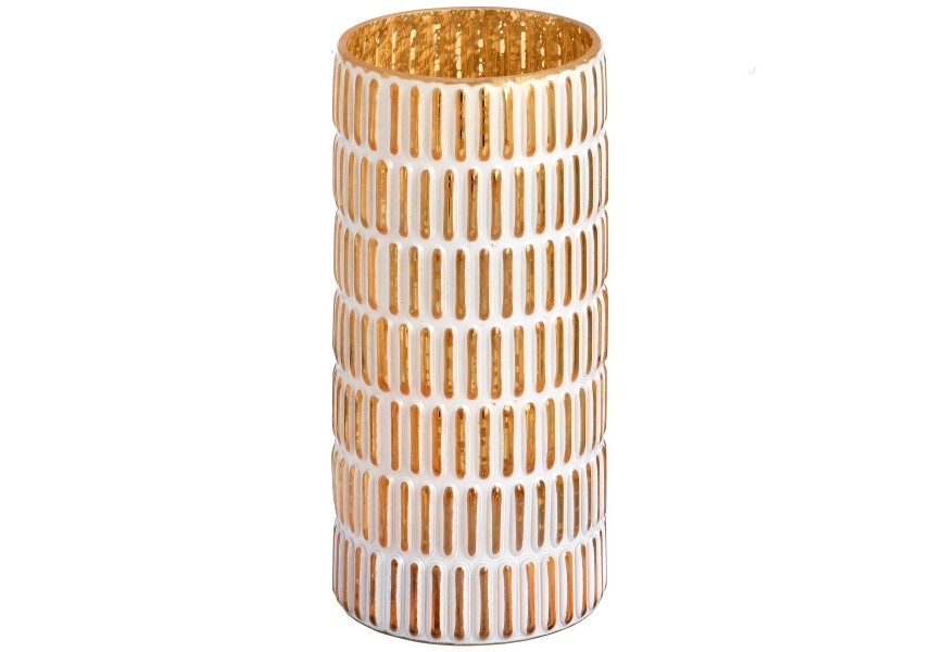 Large vase gold and white patterned candle holder.