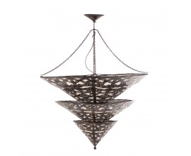 Designový vintage závěsný bronzový kovový lustr Triangle v kuželovém tvaru s plátěným potahem v béžové barvě 100 cm